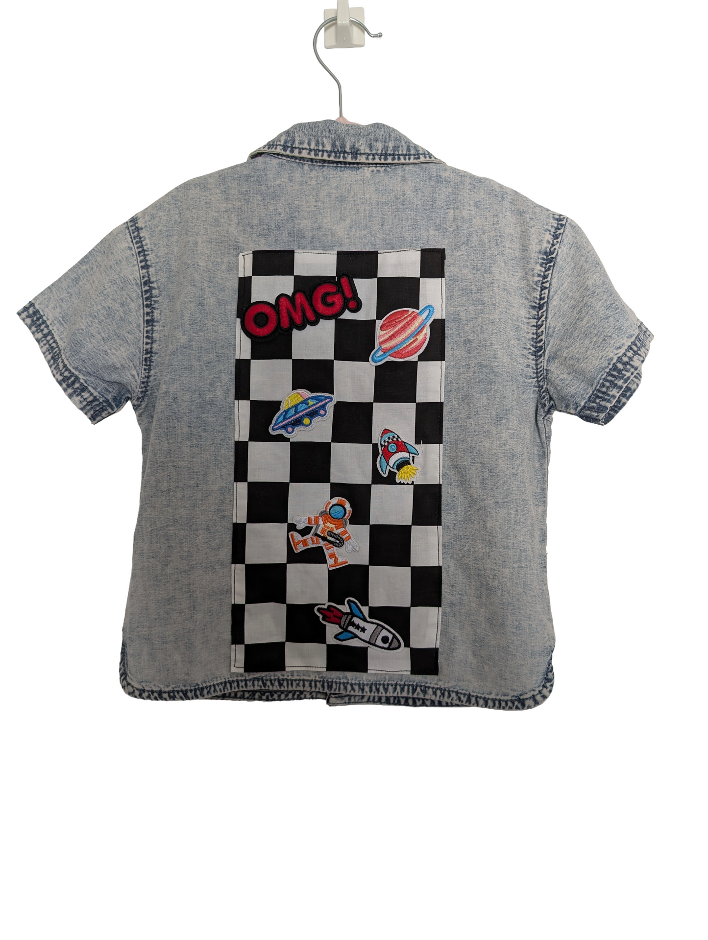 kids checkerboard denim shirt with space patches including rocket, astronaut, UFO and planets
