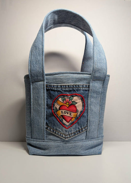 Denim Reworked small tote bag with tattoo style pocket and detachable crossbody strap