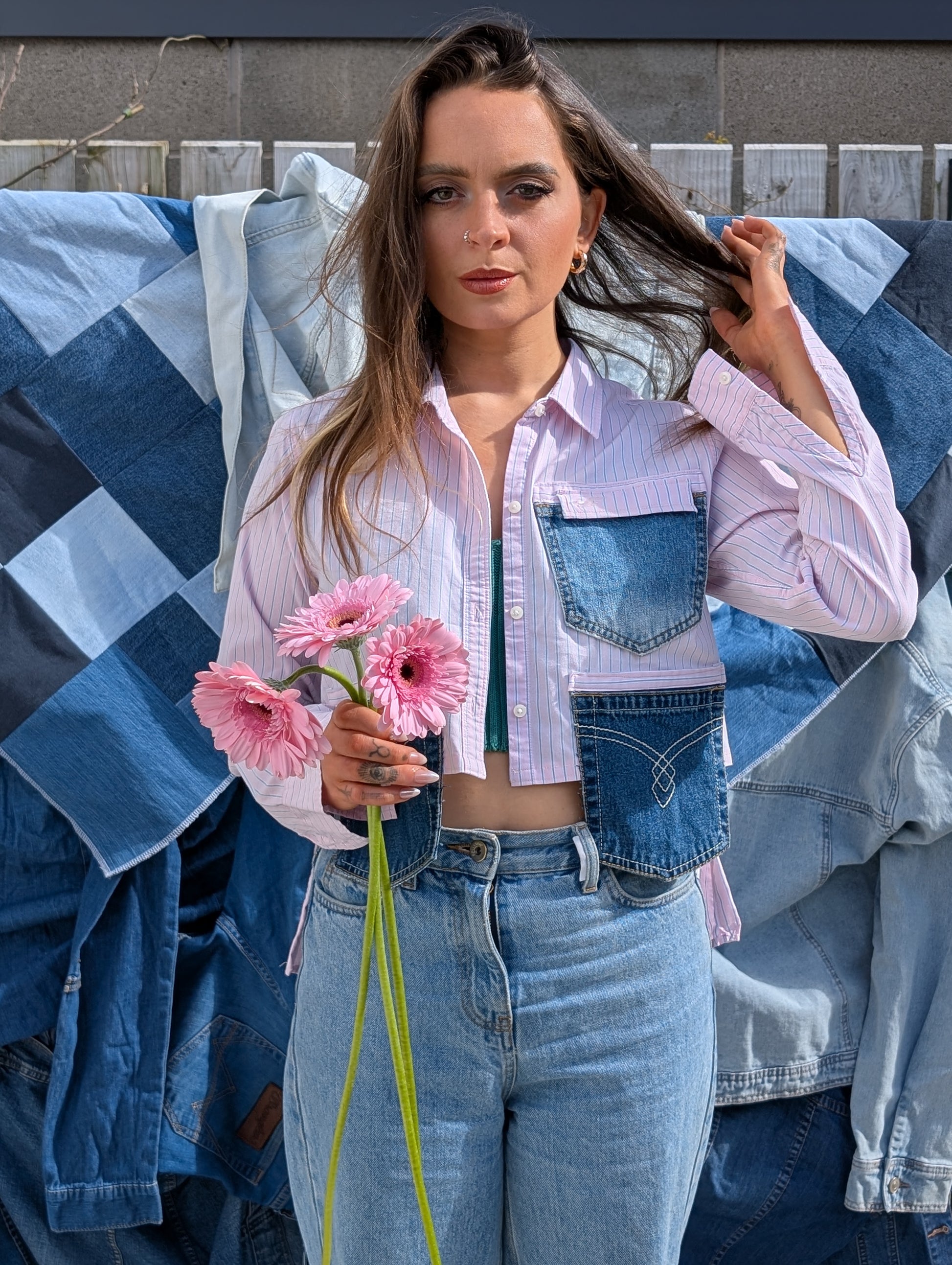 reworked pink stripe crop shirt with long sleeves 