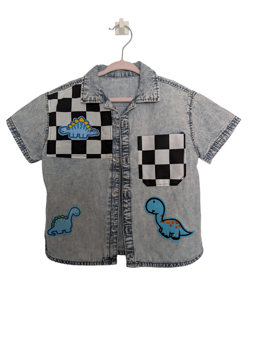 boys reworked denim shirt with checkerboard pocket panels and dinosaur patches