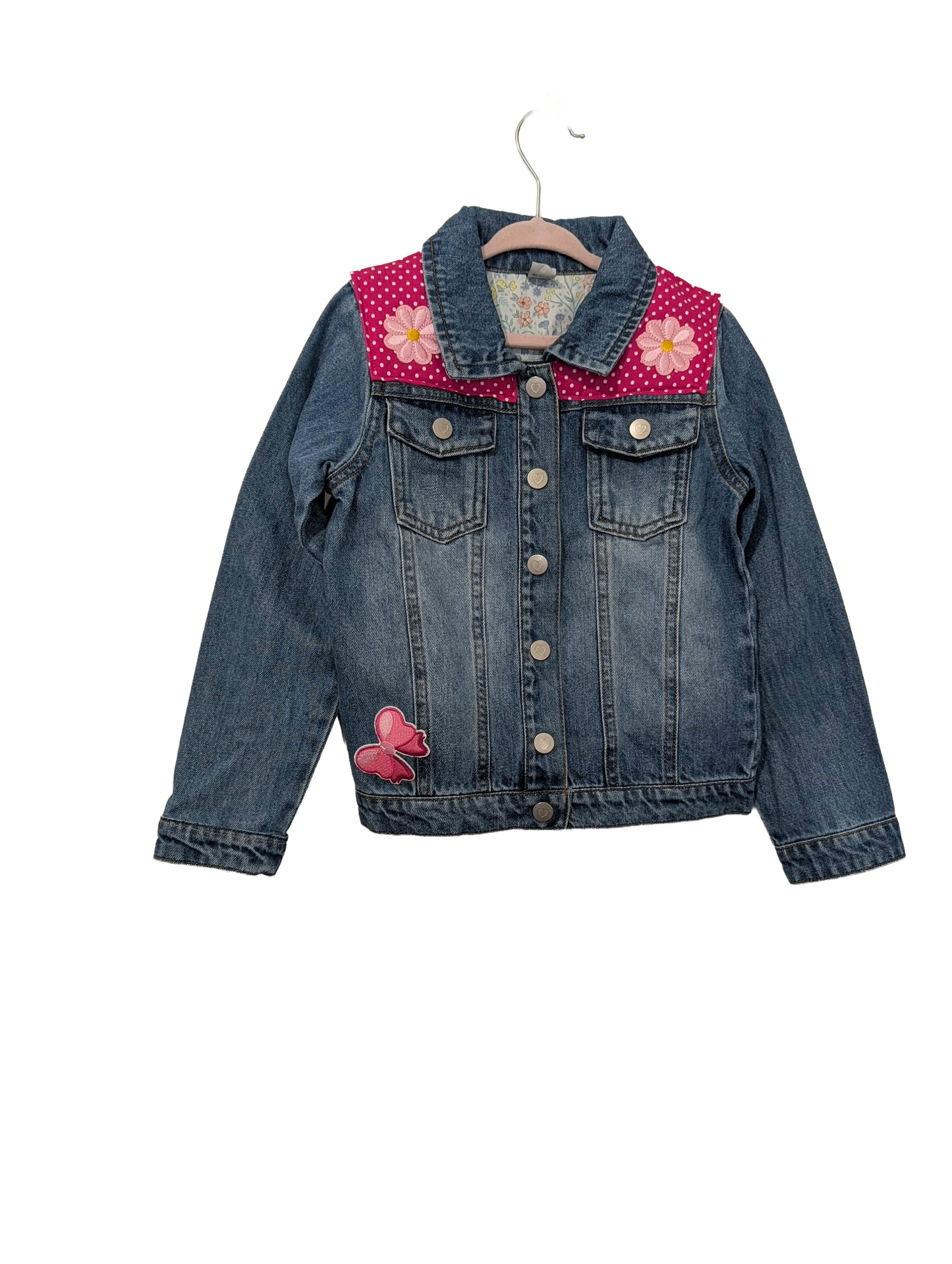 Girls reworked denim jacket with pink polka dot panels and flower details